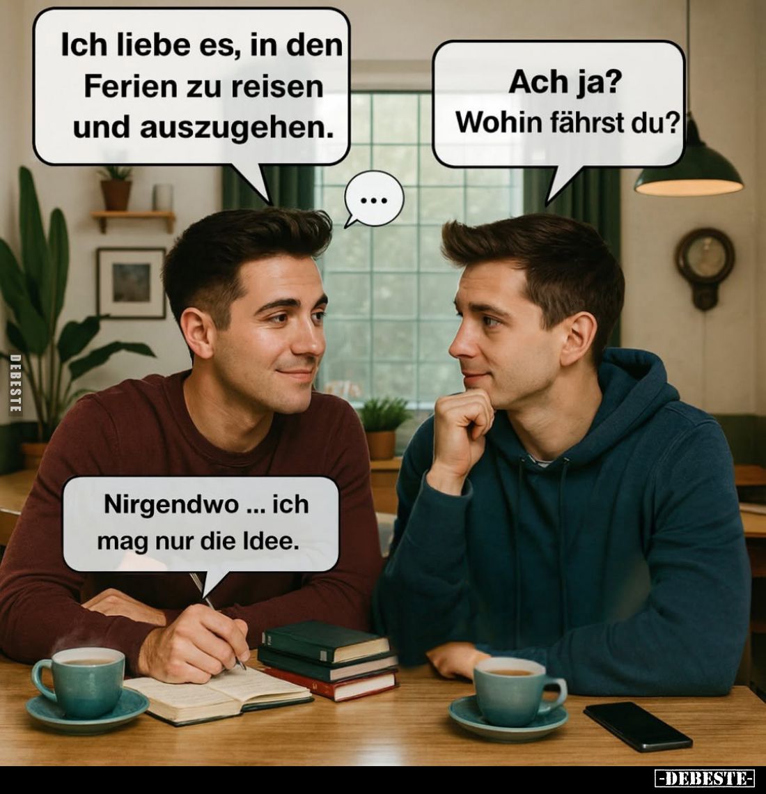 Ich liebe es, in den Ferien zu reisen und auszugehen. - Ach ja? Wohin fährst du? - Nirgendwo... ich... mag nur die Idee.