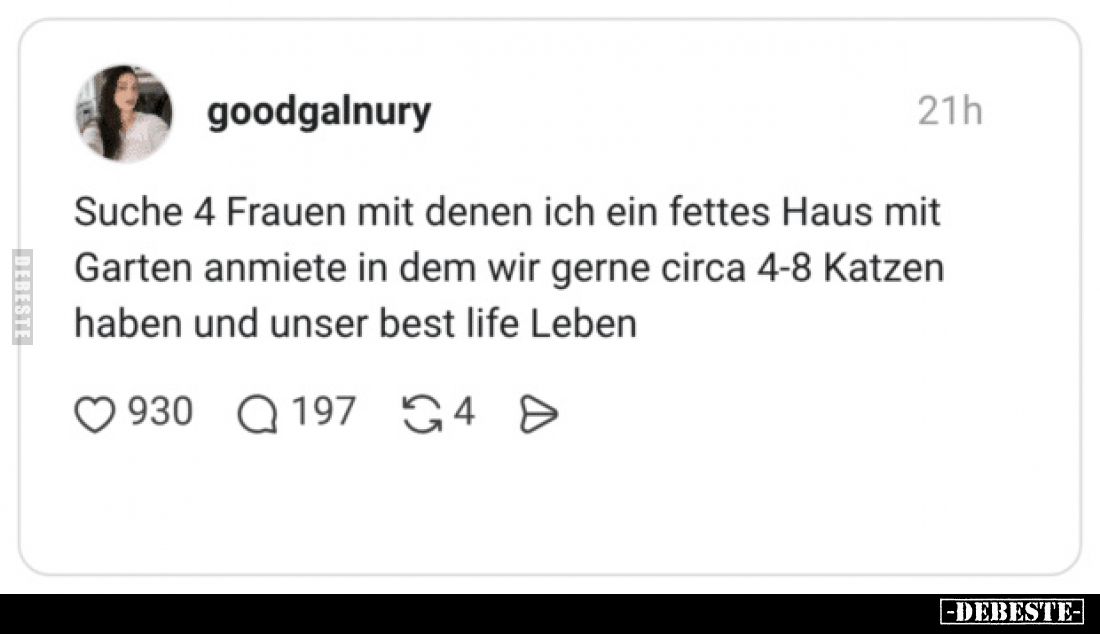 Suche 4 Frauen mit denen ich ein fettes Haus mit Garten anmiete in dem wir gerne circa 4-8 Katzen haben und unser best life L...