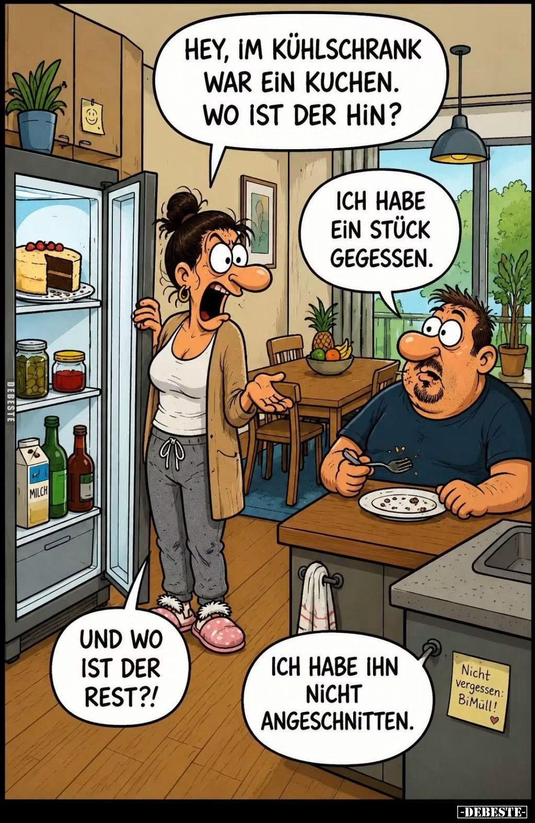 Hey, im Kühlschrank war ein Kuchen. Wo ist der hin? -
Ich habe ein Stück gegessen.
- 
Und wo ist der Rest?! -
Ich habe ih...