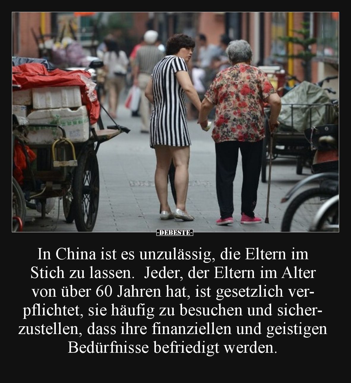 In China ist es unzulässig, die Eltern im Stich zu lassen.  Jeder, der Eltern im Alter von über 60 Jahren hat, ist gesetzlich...