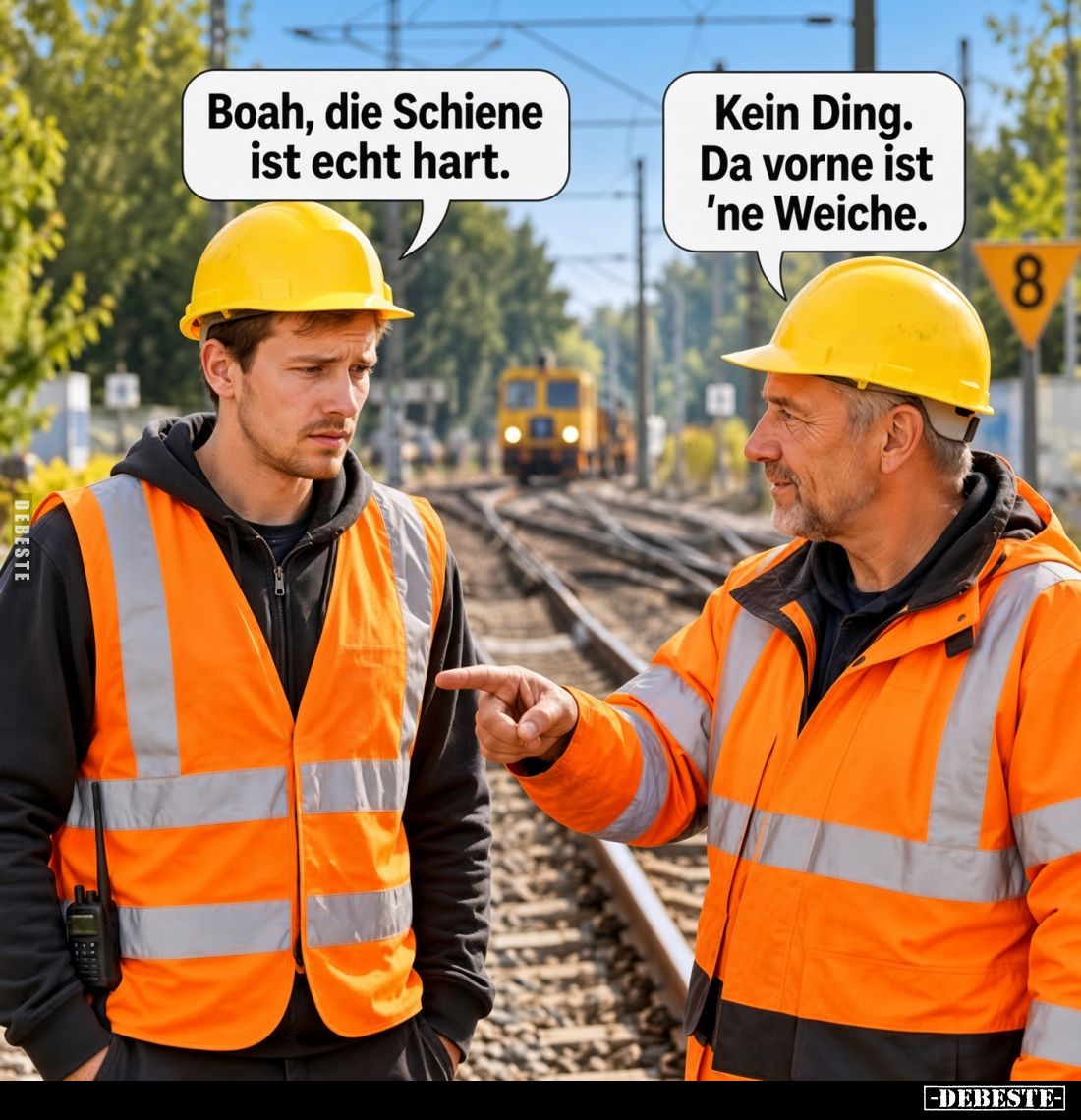 Boah, die Schiene ist echt hart.
Kein Ding. Da vorne ist 'ne Weiche.