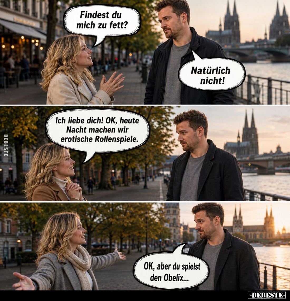 Findest du mich zu fett? -
Natürlich nicht! -
Ich liebe dich! OK, heute Nacht machen wir erotische Rollenspiele. -
OK, abe...