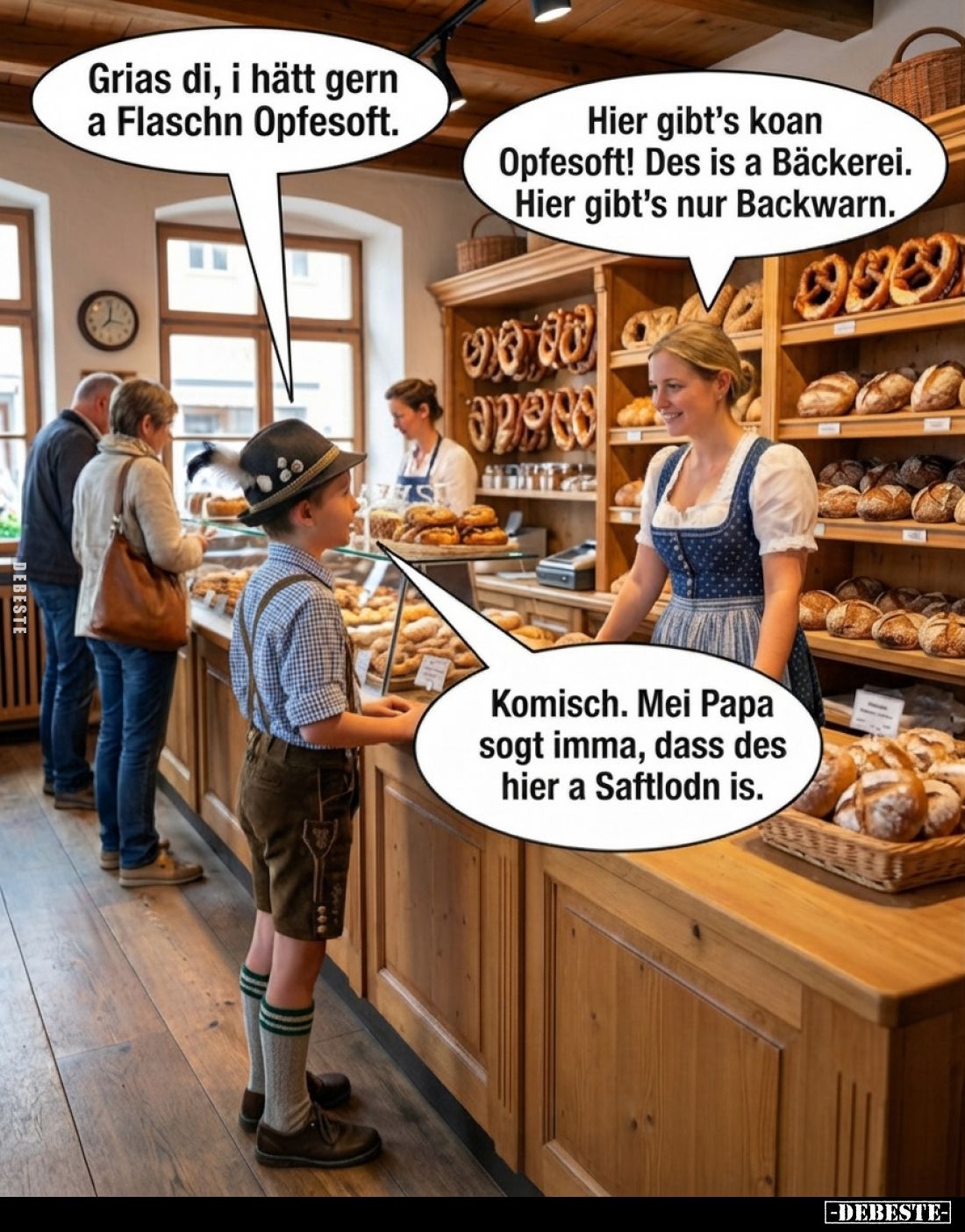 Grias di, i hätt gern a Flaschn Opfesoft.
-
Hier gibt's koan Opfesoft! Des is a Bäckerei. Hier gibt's nur Backwarn.
-
Kom...