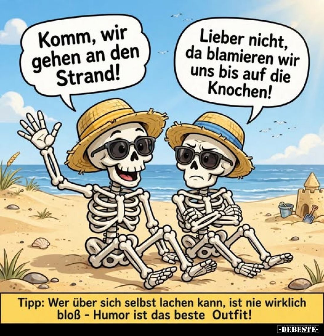 Komm, wir gehen an den Strand!
-
Lieber nicht, da blamieren wir uns bis auf die Knochen!
-
Tipp: Wer über sich selbst lac...