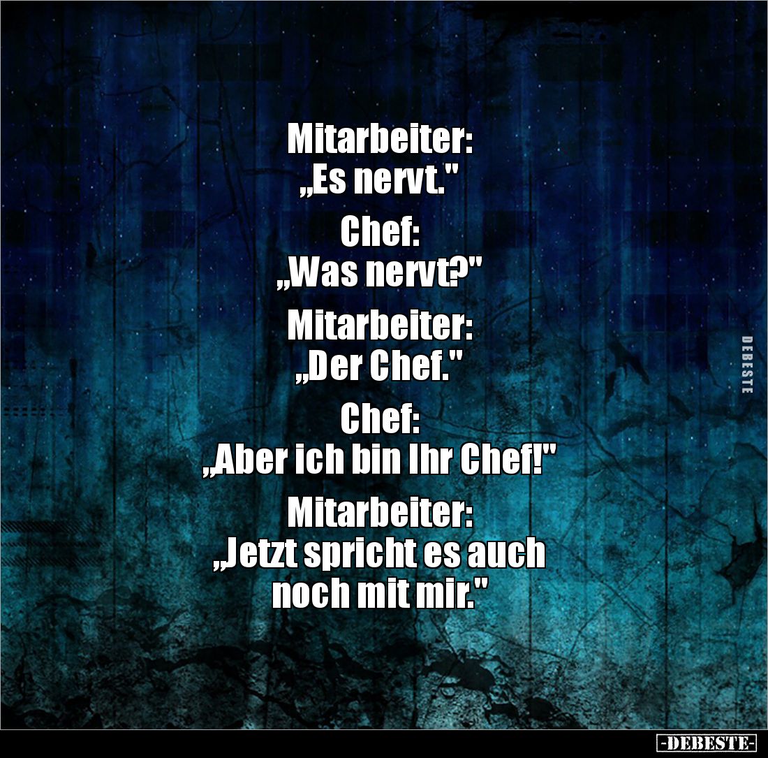 Mitarbeiter: 
„Es nervt."

Chef: 
„Was nervt?"

Mitarbeiter: 
„Der Chef."

Chef: 
„Aber ich bin Ihr ...
