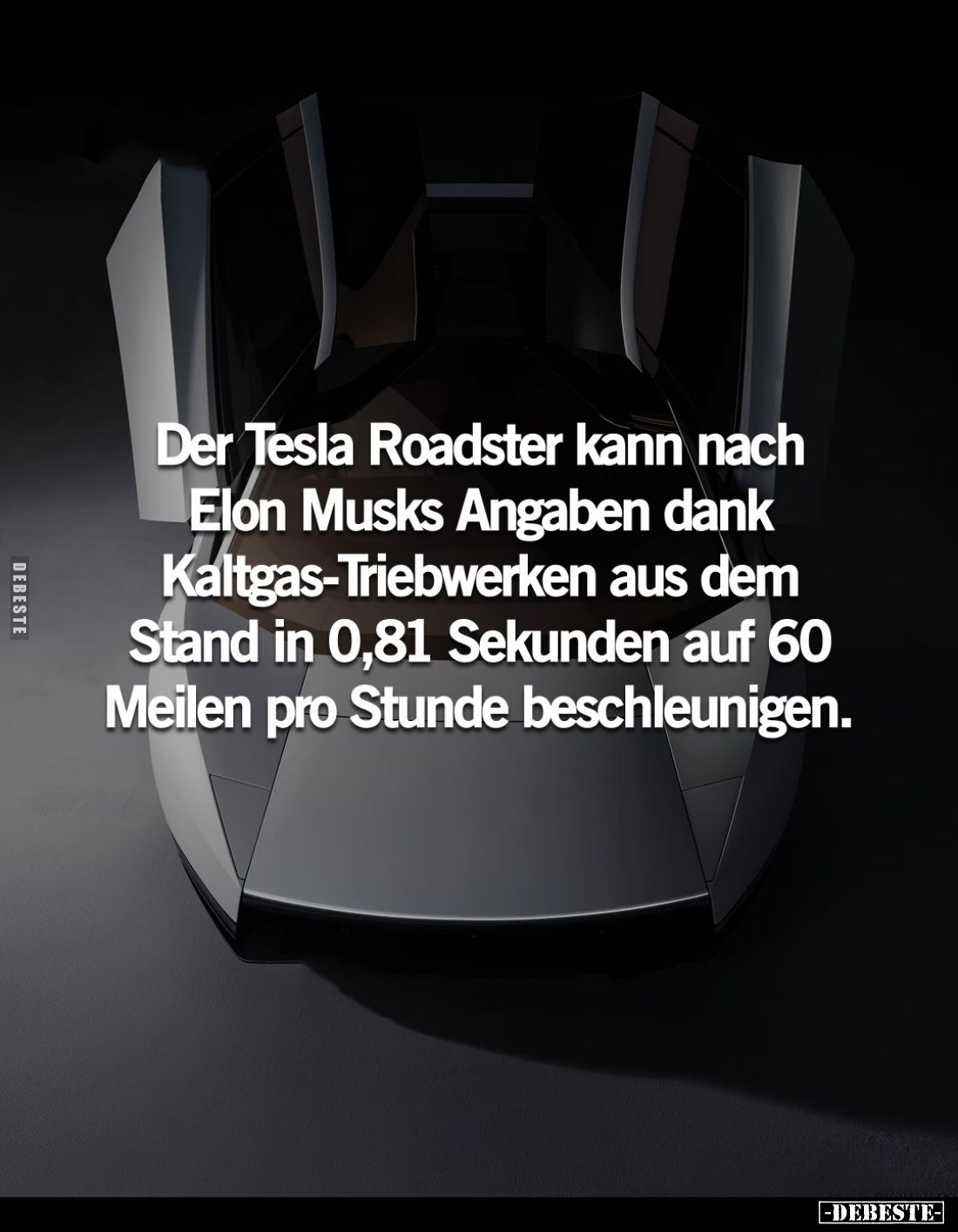 Der Tesla Roadster kann nach Elon Musks Angaben dank Kaltgas-Triebwerken aus dem Stand in 0,81 Sekunden auf 60 Meilen pro Stu...
