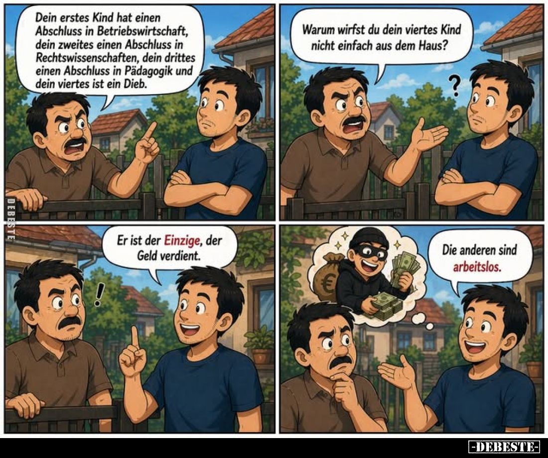 Dein erstes Kind hat einen Abschluss in Betriebswirtschaft, dein zweites einen Abschluss in Rechtswissenschaften, dein dritte...