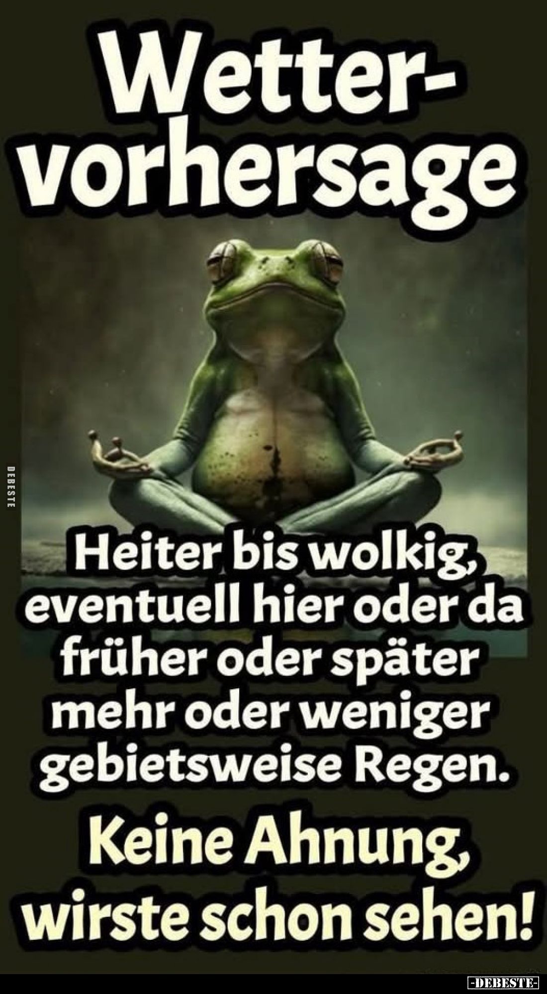 Wettervorhersage.
Heiter bis wolkig, eventuell hier oder da früher oder später mehr oder weniger gebietsweise Regen.
Keine ...