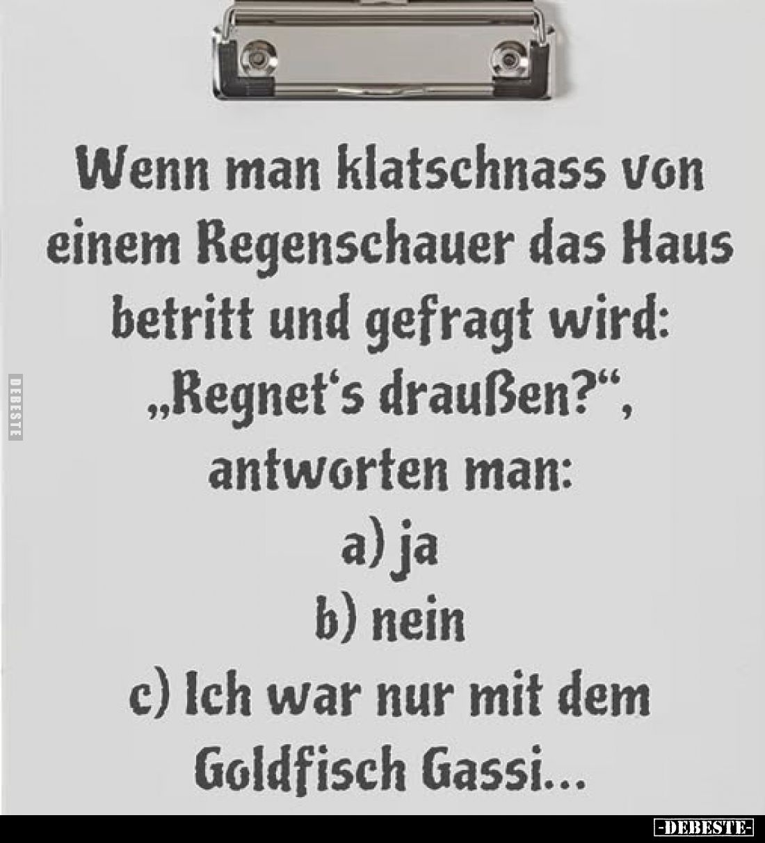 Wenn man klatschnass von
einem Regenschauer das Haus
betritt und gefragt wird:
„Regnet's draußen?“,
antworten man:
a) ja...