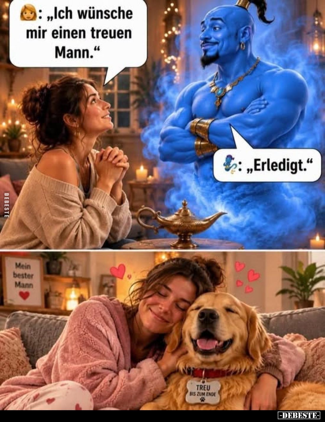 „Ich wünsche mir einen treuen Mann."
„Erledigt."