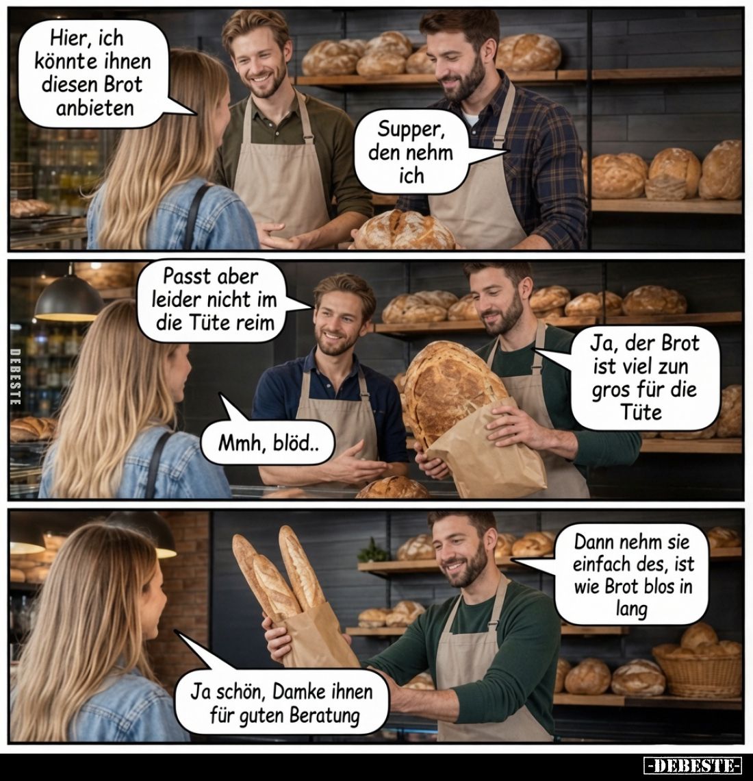 Hier, ich könnte ihnen diesen Brot anbieten.
Supper, den nehm ich.
Passt aber leider nicht im die Tüte reim.
Mmh, blöd..
...