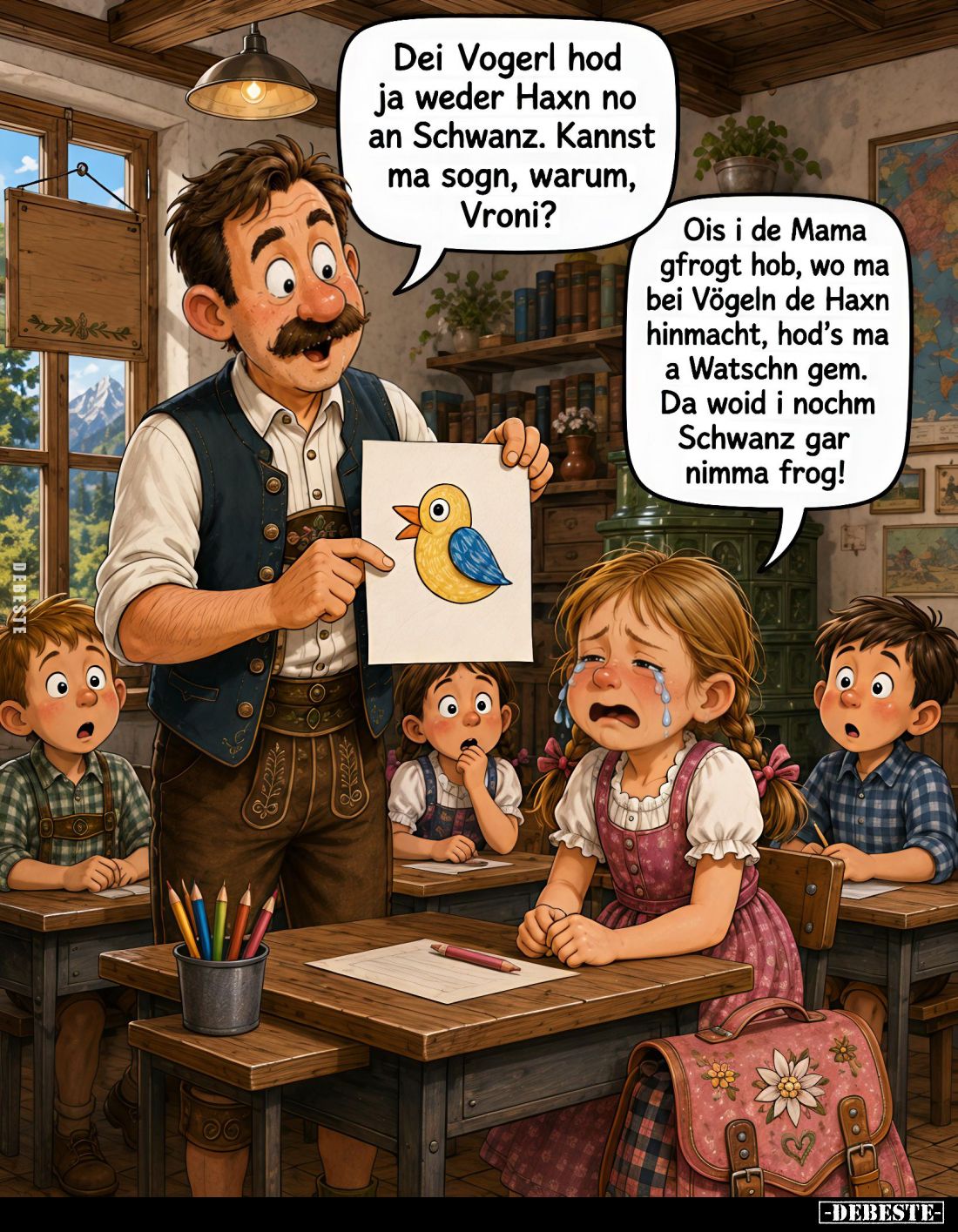Dei Vogerl hod ja weder Haxn no an Schwanz. Kannst ma sogn, warum, Vroni?
vishal dhaker. -
Ois i de Mama gfrogt hob, wo ma ...
