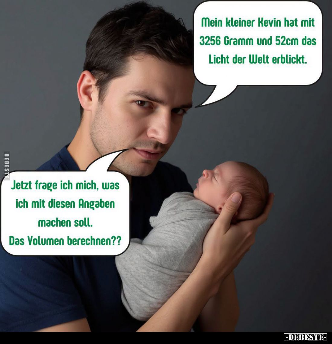 Mein kleiner Kevin hat mit 3256 Gramm und 52cm das Licht der Welt erblickt.
Jetzt frage ich mich, was ich mit diesen Angaben...