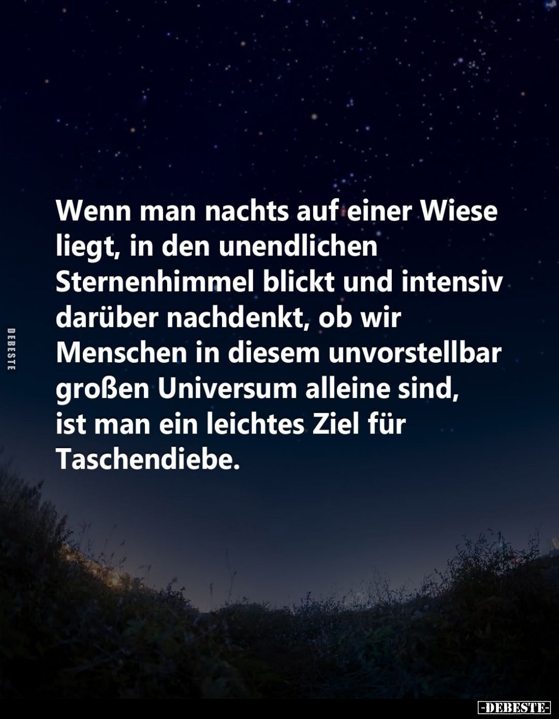 Wenn man nachts auf einer Wiese liegt, in den unendlichen Sternenhimmel blickt und intensiv darüber nachdenkt, ob wir Mensche...