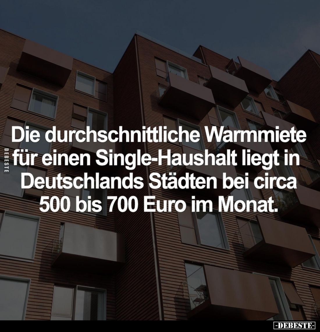 Die durchschnittliche Warmmiete für einen Single-Haushalt liegt in Deutschlands Städten bei circa 500 bis 700 Euro im Monat.