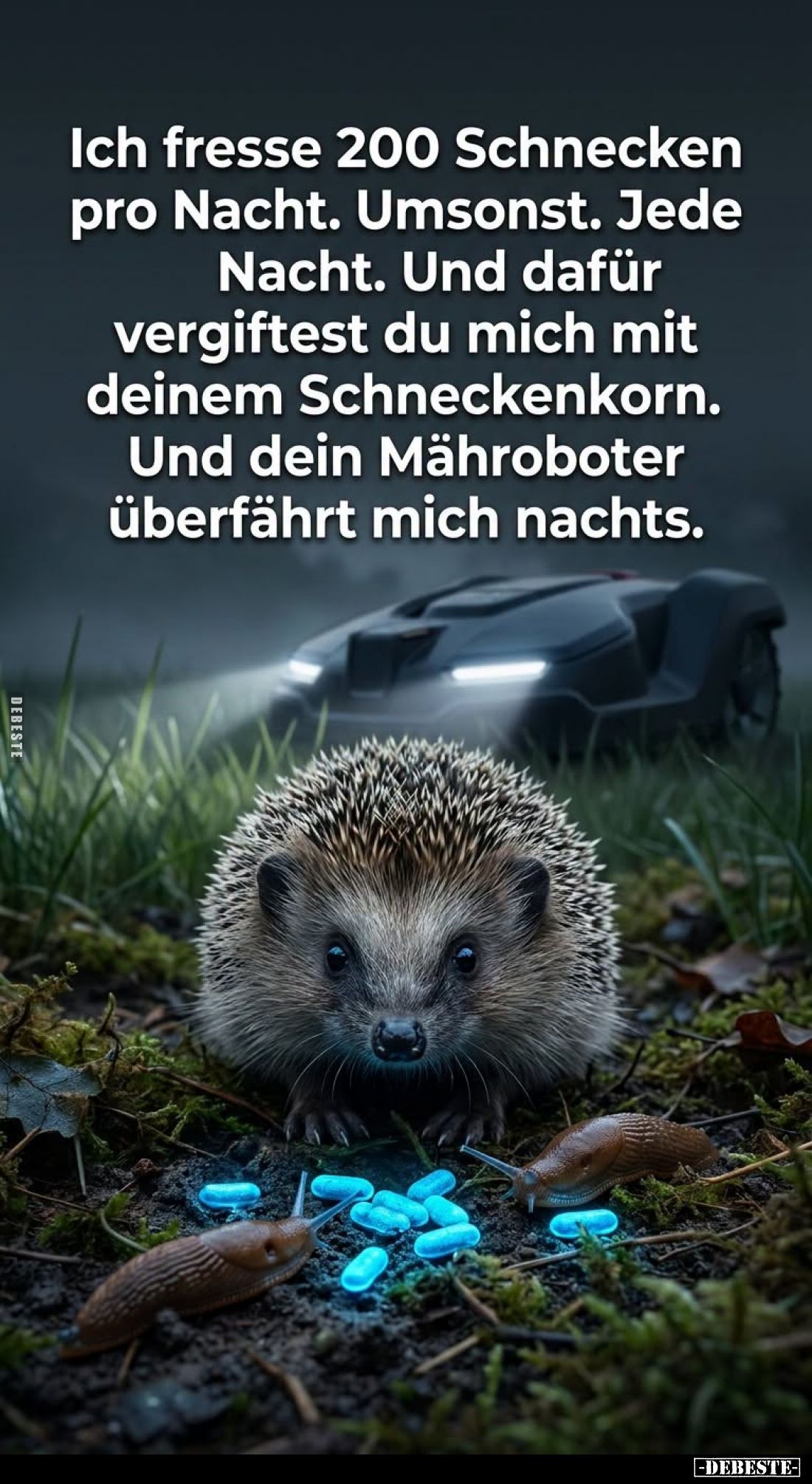 Ich fresse 200 Schnecken pro Nacht. Umsonst. Jede Nacht. Und dafür vergiftest du mich mit deinem Schneckenkorn. Und dein Mähr...