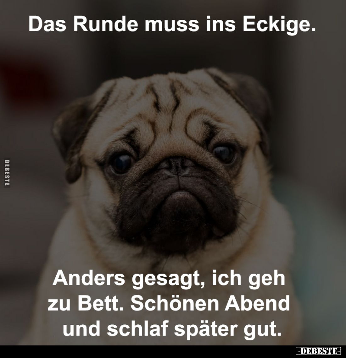 Das Runde muss ins Eckige.
Anders gesagt, ich geh zu
Bett. Schönen Abend und
schlaf später gut.