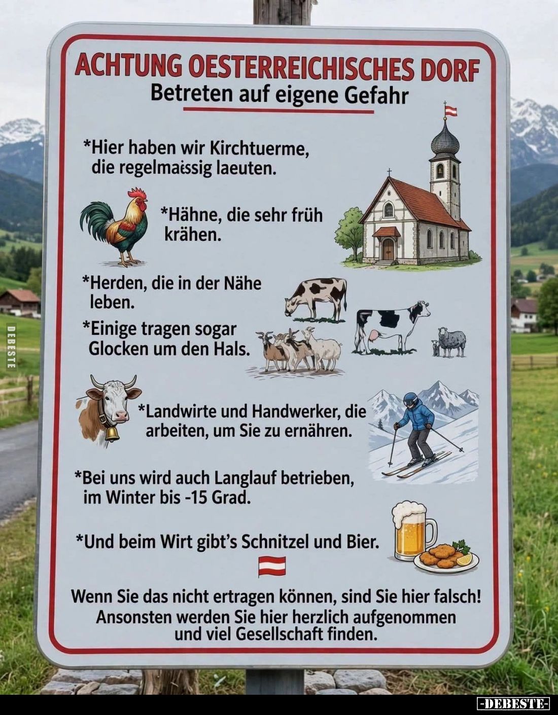 Achtung österreichisches Dorf. - Betreten auf eigene Gefahr. -
Hier haben wir Kirchtuerme, die regelmaissig laeuten. -
Hähn...