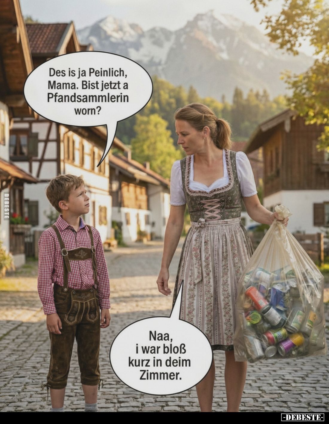 Des is ja Peinlich, Mama. Bist jetzt a Pfandsammlerin worn?
Naa, i war bloß kurz in deim Zimmer.