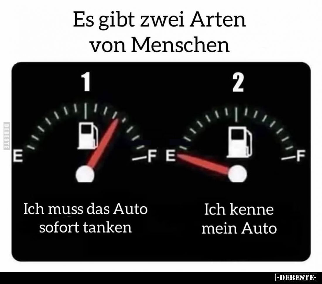 Es gibt zwei Arten von Menschen
 - 
Ich muss das Auto sofort tanken
 -
Ich kenne mein Auto