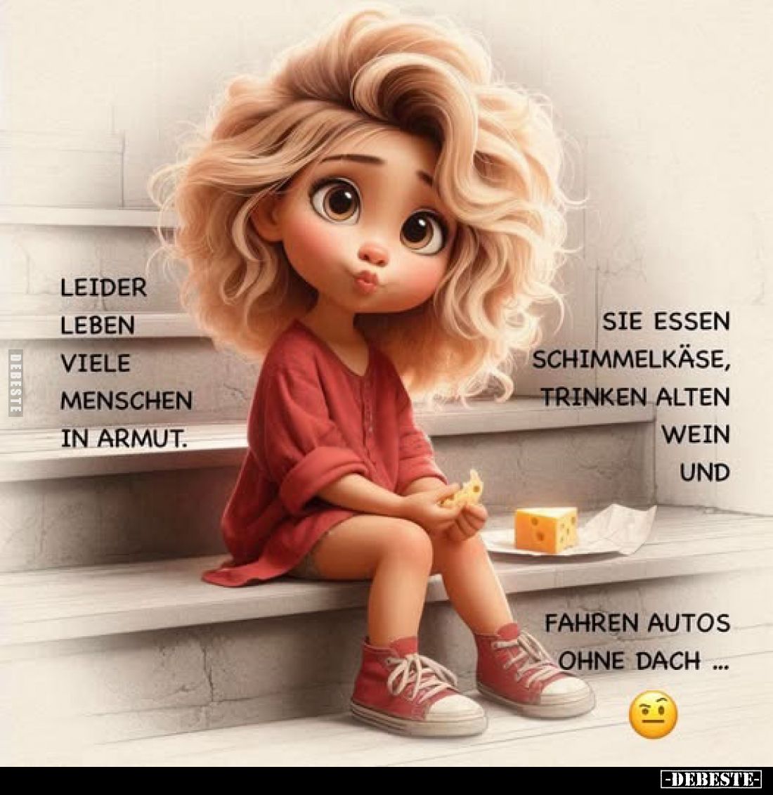 Leider leben viele Menschen in Armut.
Sie essen Schimmelkäse, trinken alten Wein und

fahren Autos ohne Dach...