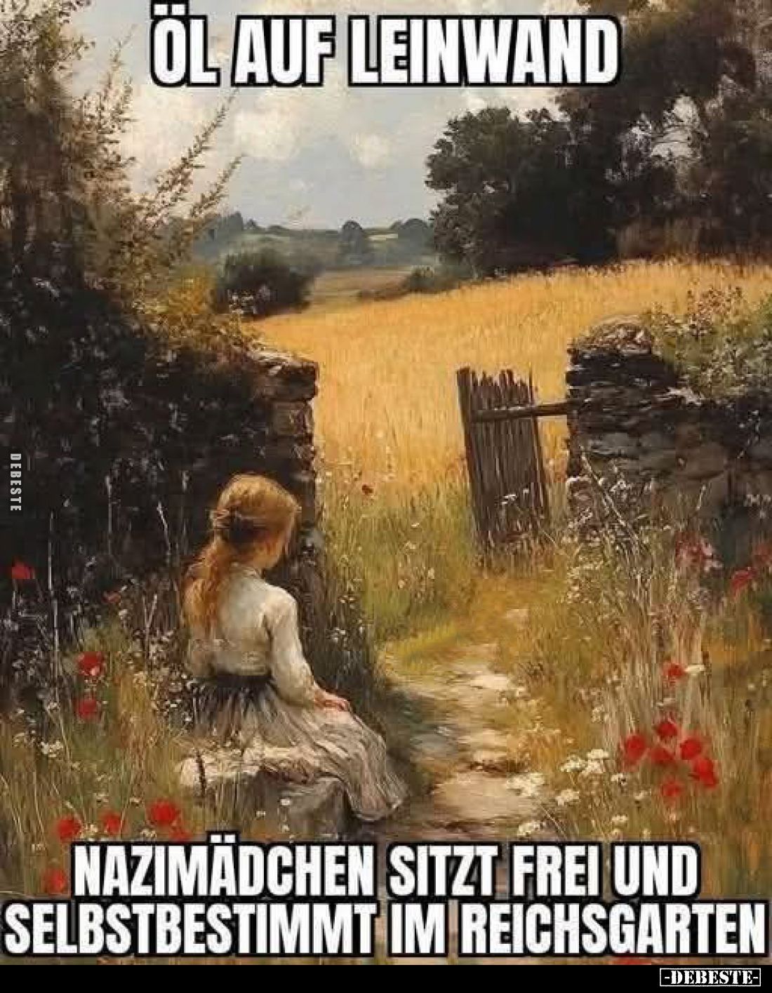 Öl auf Leinwand.
Nazimädchen sitzt frei und selbstbestimmt im Reichsgarten.
