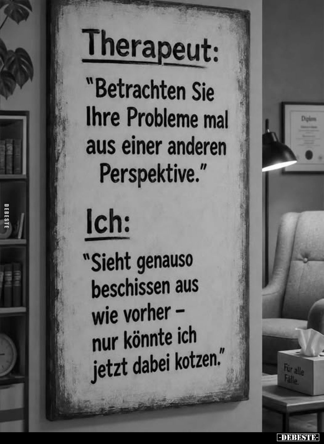 Therapeut:
"Betrachten Sie Ihre Probleme mal aus einer anderen Perspektive."
Ich:
"Sieht genauso beschissen...