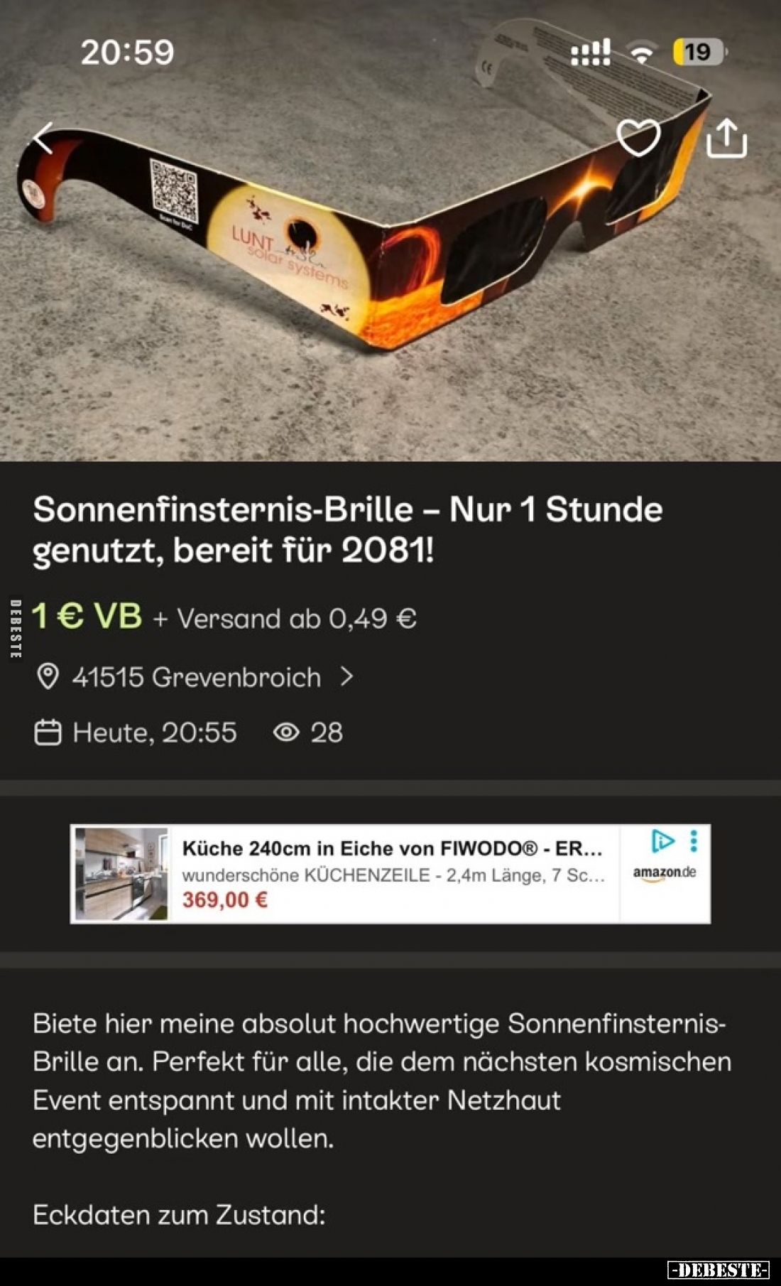 Sonnenfinsternis-Brille - Nur 1 Stunde genutzt, bereit für 2081!