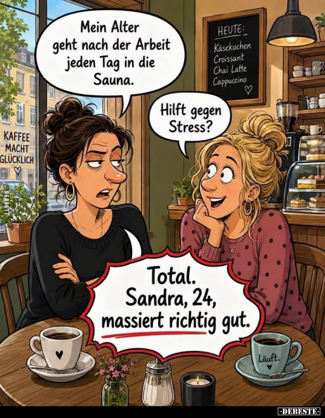 Mein Alter geht nach der Arbeit jeden Tag in die Sauna.
-
Hilft gegen Stress?
-
Total. Sandra, 24, massiert richtig gut.