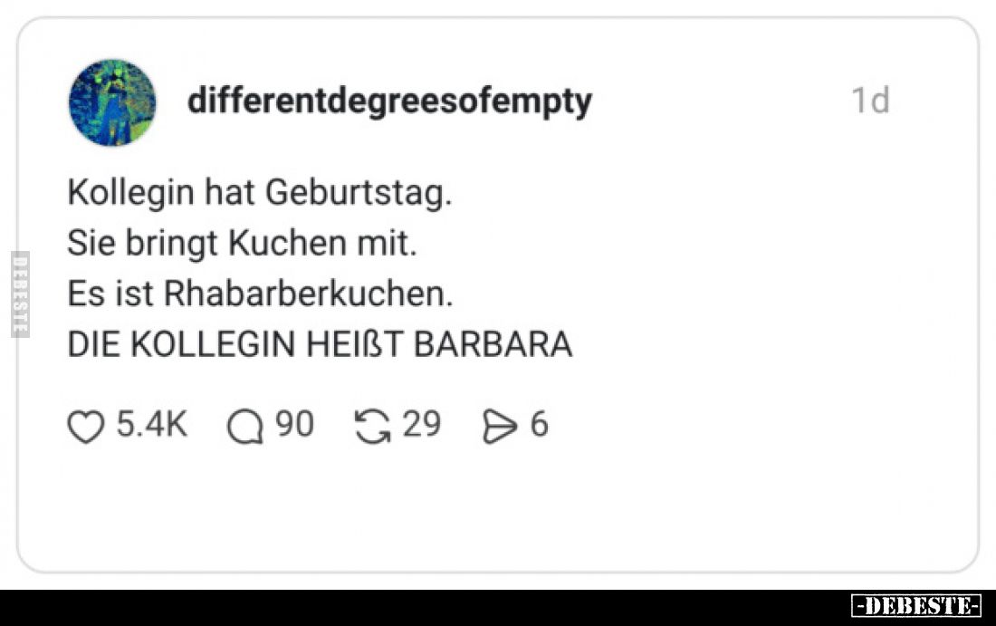 Kollegin hat Geburtstag.
Sie bringt Kuchen mit.
Es ist Rhabarberkuchen.
Die Kollegin heißt Barbara.