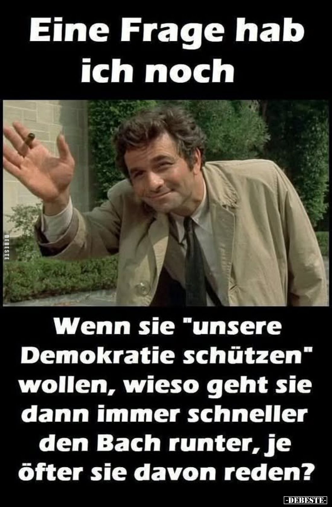 Eine Frage hab ich noch.
Wenn sie "unsere Demokratie schützen" wollen, wieso geht sie dann immer schneller den Bac...