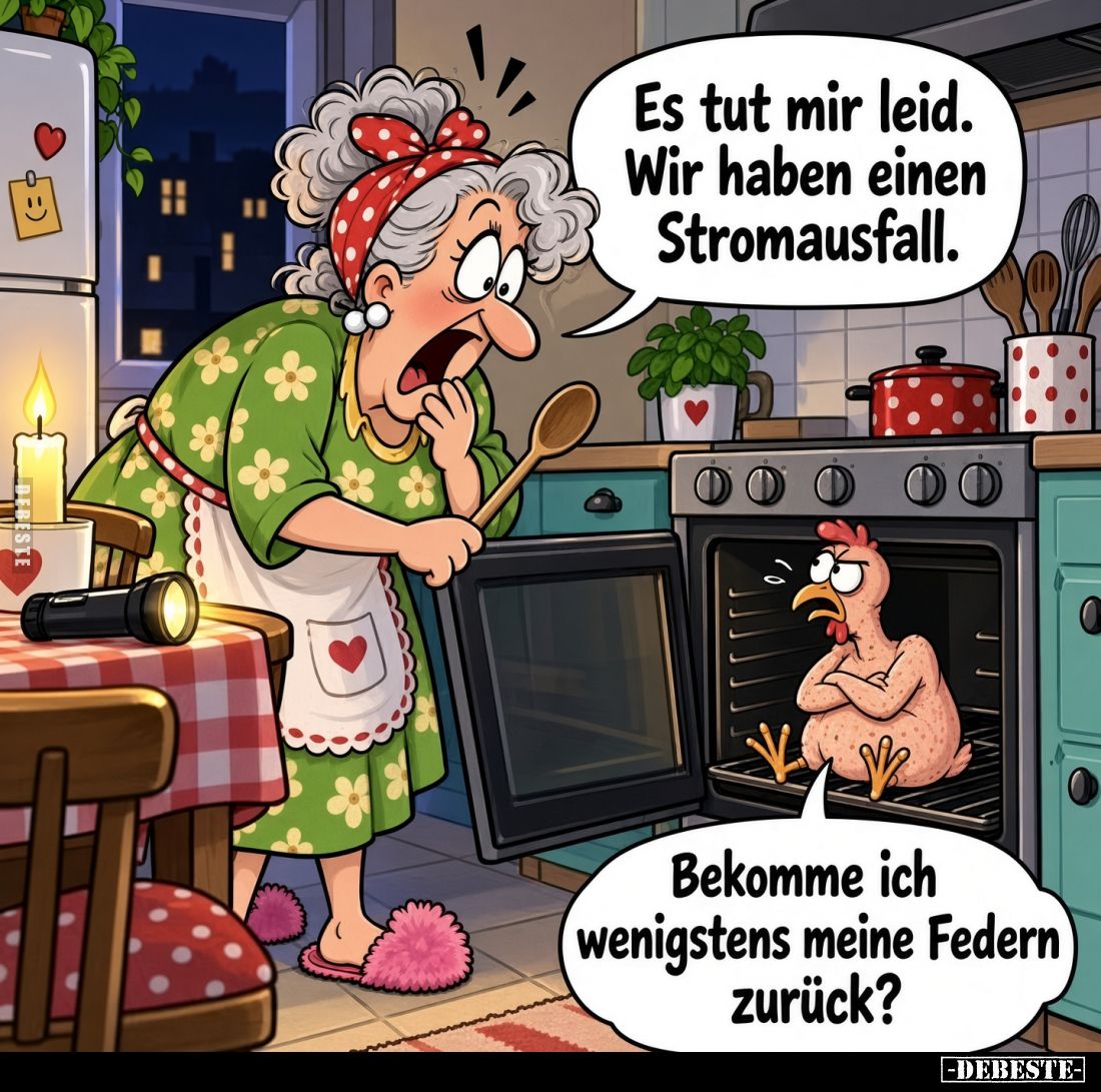 Es tut mir leid.
Wir haben einen Stromausfall.
Bekomme ich wenigstens meine Federn zurück?