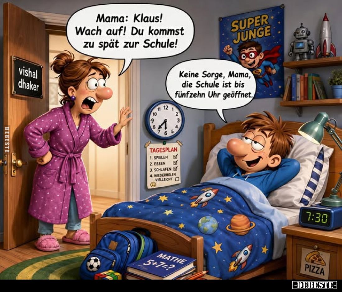 Mama: Klaus! Wach auf! Du kommst zu spät zur Schule!

Keine Sorge, Mama, die Schule ist bis fünfzehn Uhr geöffnet.
