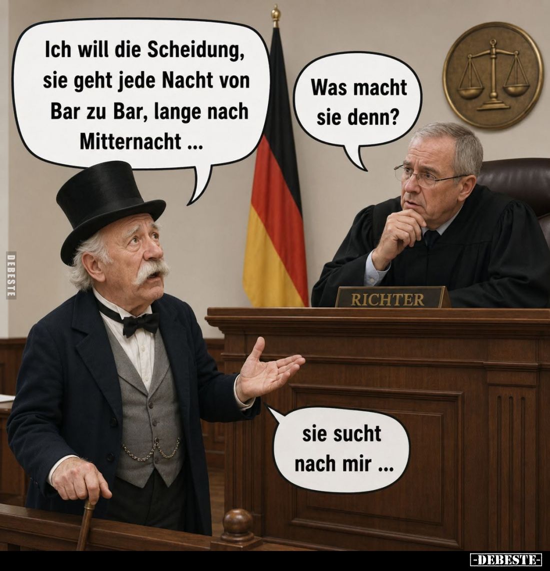 Ich will die Scheidung, sie geht jede Nacht von Bar zu Bar, lange nach Mitternacht... -
Was macht sie denn?
-
sie sucht na...