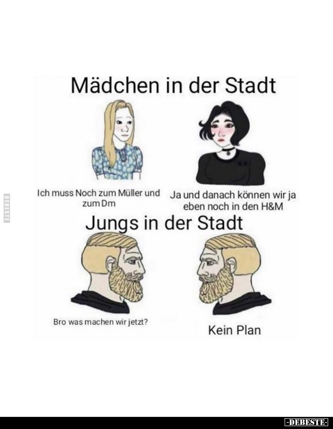 Mädchen in der Stadt:
Ich muss Noch zum Müller und zum Dm. -
Ja und danach können wir ja eben noch in den H&M. -
Jungs...