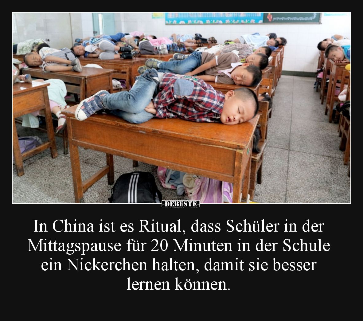In China ist es Ritual, dass Schüler in der Mittagspause für 20 Minuten in der Schule ein Nickerchen halten, damit sie besser...