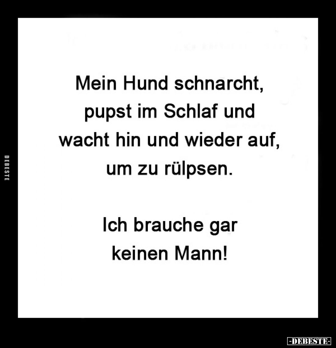 Mein Hund schnarcht, pupst im Schlaf und wacht hin und wieder auf, um zu rülpsen. Ich brauche gar keinen Mann!