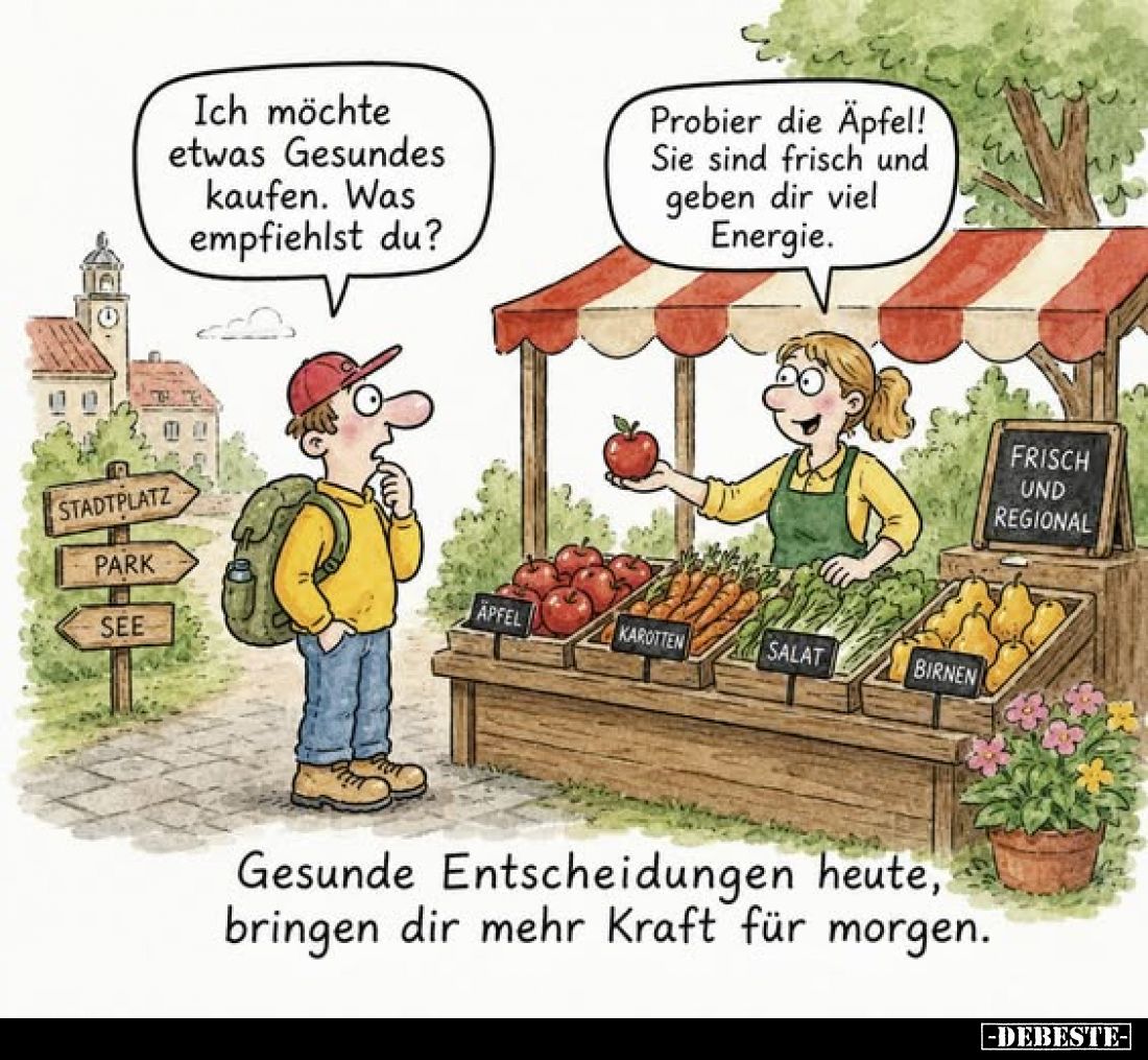 Ich möchte etwas Gesundes kaufen. Was empfiehlst du?
-
Probier die Äpfel! Sie sind frisch und geben dir viel Energie.
-
G...