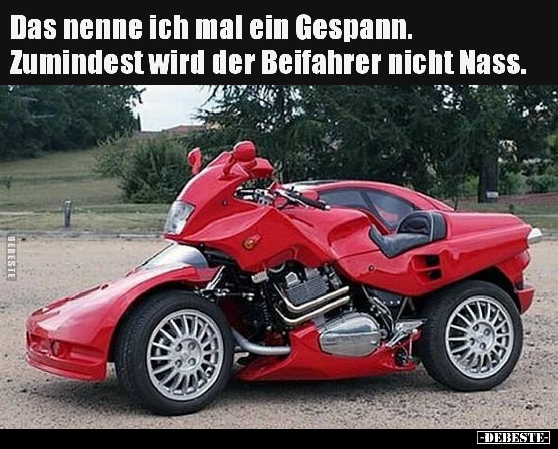 Das nenne ich mal ein Gespann.
Zumindest wird der Beifahrer nicht Nass.