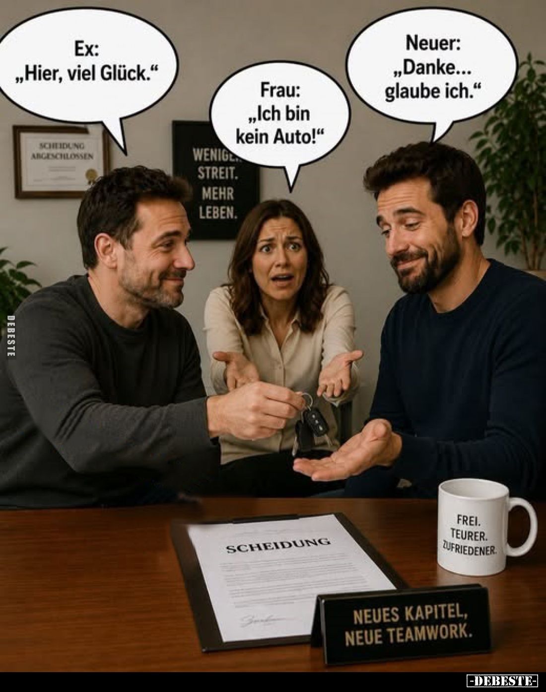 Ex: „Hier, viel Glück."
-
Frau: „Ich bin kein Auto!"
-
Neuer: „Danke... glaube ich."