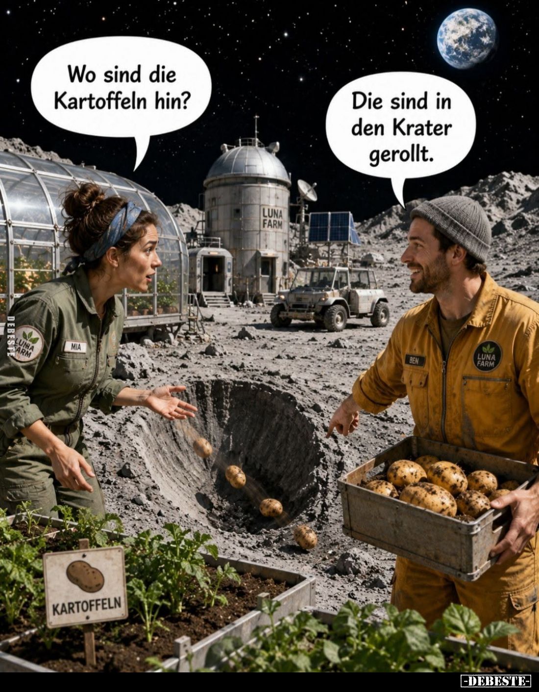 Wo sind die Kartoffeln hin? -
Die sind in den Krater gerollt.