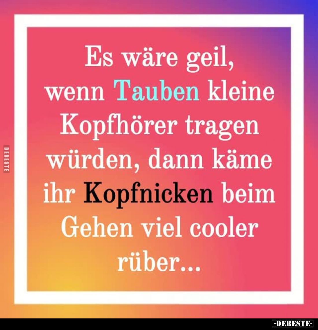 Es wäre geil, wenn Tauben kleine Kopfhörer tragen würden, dann käme ihr Kopfnicken beim Gehen viel cooler rüber...