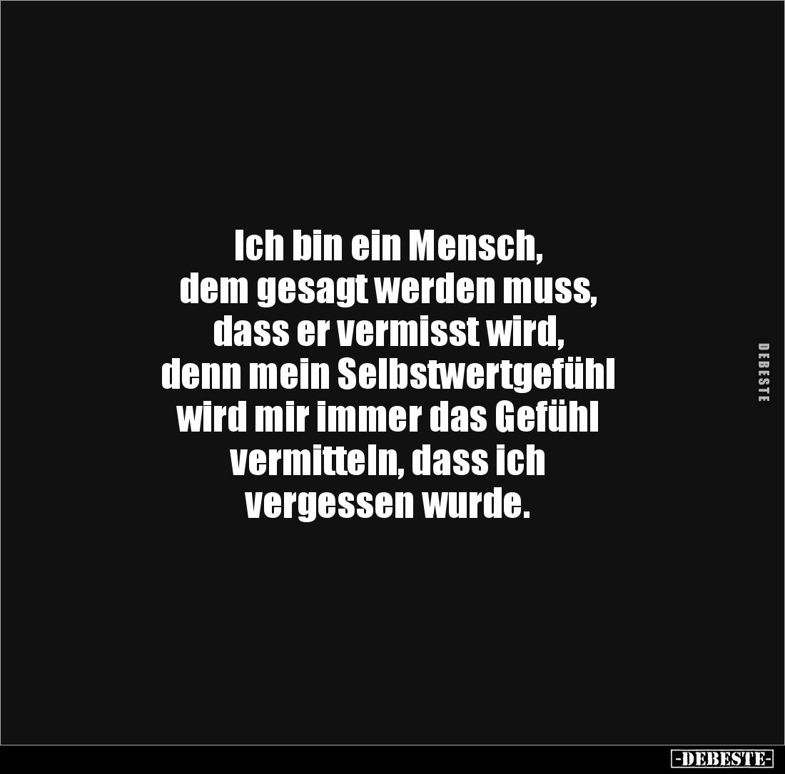 Ich bin ein Mensch, 
dem gesagt werden muss, 
dass er vermisst wird, 
denn mein Selbstwertgefühl 
wird mir immer das Gefü...