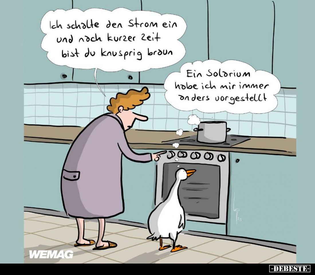 Ich schalte den Strom ein und nach kurzer Zeit bist du knusprig braun. -
Ein Solarium habe ich mir immer anders vorgestellt.
