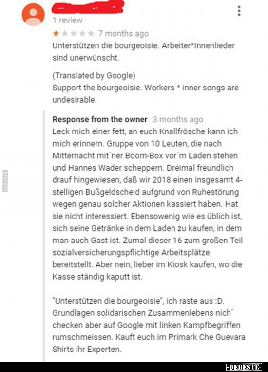 Kneipenwirt antwortet auf sinnfreie Bewertung..