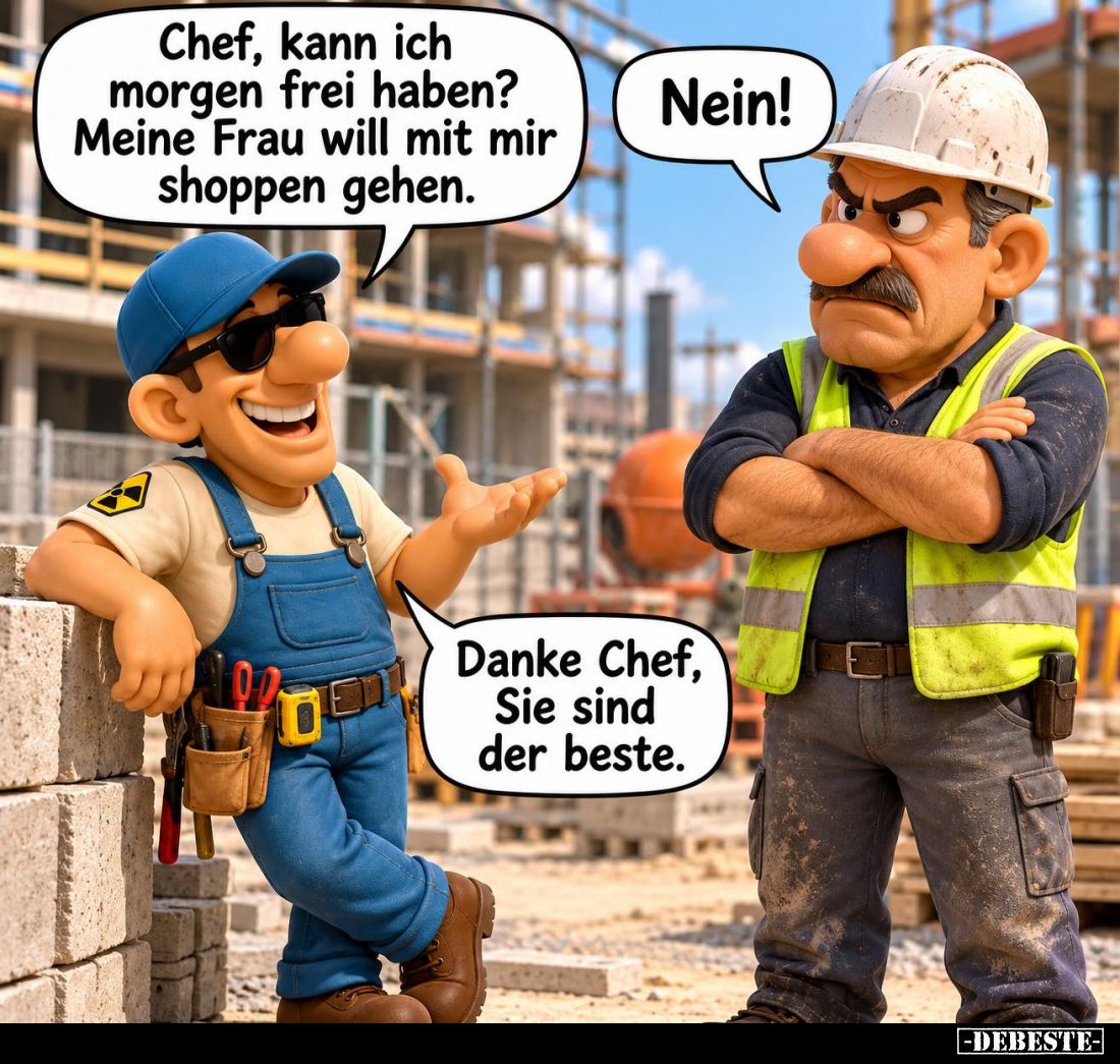 Chef, kann ich morgen frei haben? Meine Frau will mit mir shoppen gehen. -
Nein! -
Danke Chef, Sie sind der beste.
