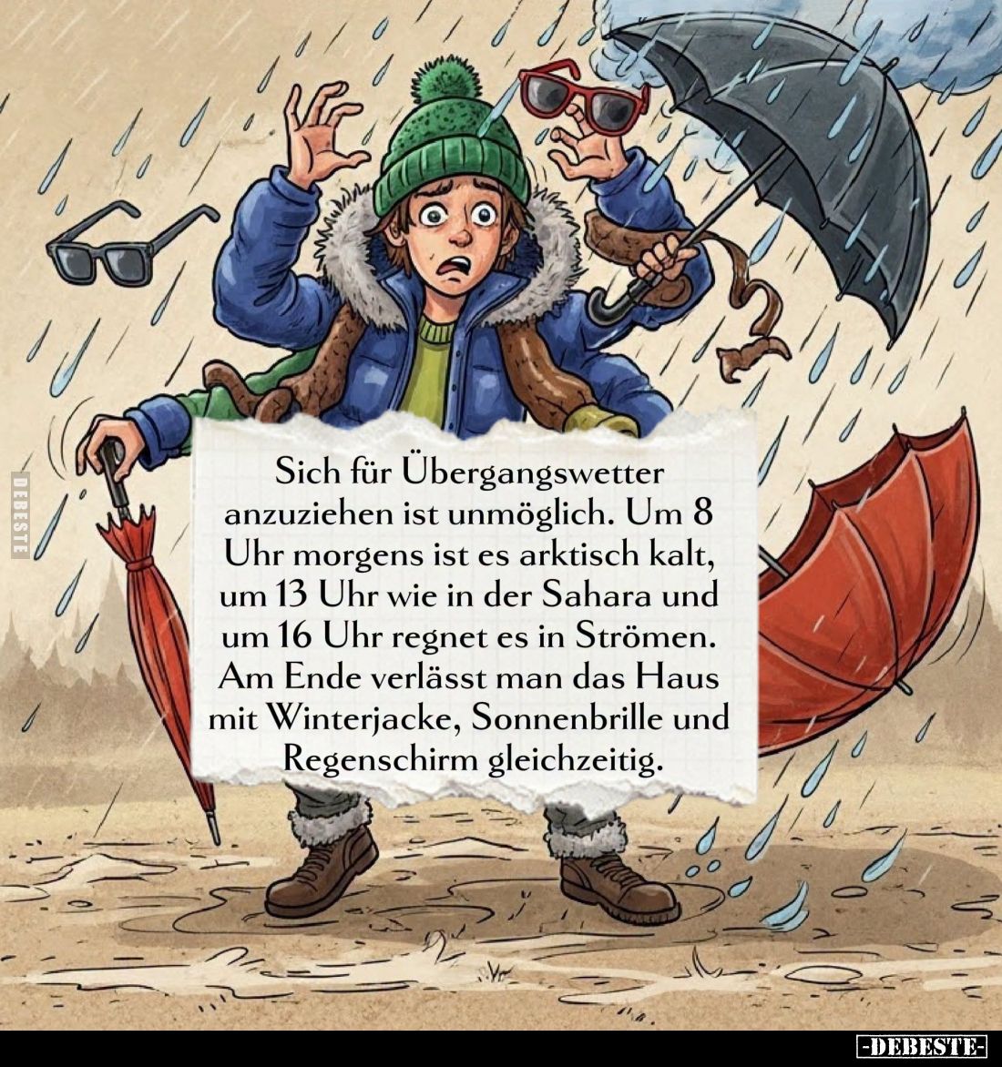 Sich für Übergangswetter anzuziehen ist unmöglich. Um 8 Uhr morgens ist es arktisch kalt, um 13 Uhr wie in der Sahara und um ...