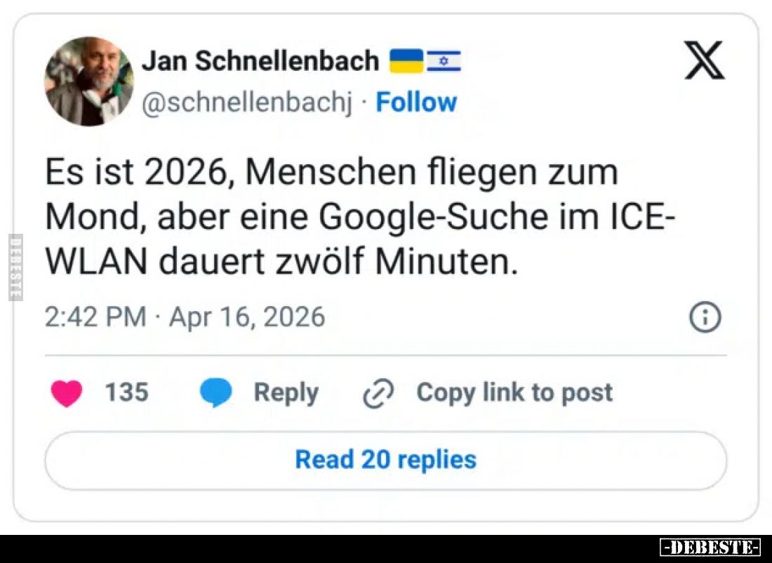 Es ist 2026, Menschen fliegen zum Mond, aber eine Google-Suche im ICE-WLAN dauert zwölf Minuten.