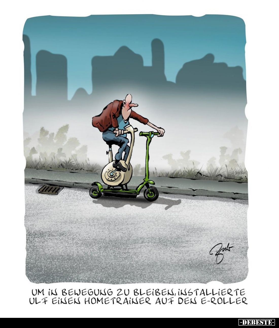 Um in Bewegung zu bleiben, installierte Ulf einen Hometrainer auf den E-Roller.