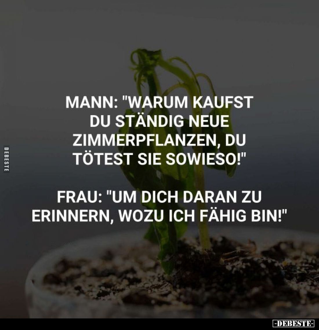 MANN: "Warum kaufst du ständig neue Zimmerpflanzen, du tötest sie sowieso!"
FRAU: "Um dich daran zu erinner...